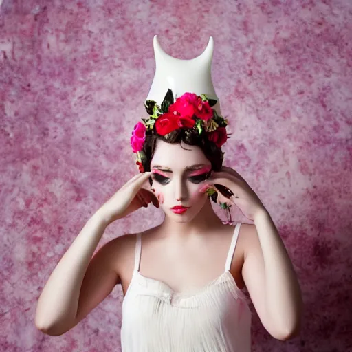 Prompt: a creative portrait of a beautiful female model, beauty shot, horn headpiece, floral painted backdrop, photography, creative makeup, female character, canon eos r 3, f / 1. 4, iso 2 0 0, 1 / 1 6 0 s, 8 k, raw, unedited, symmetrical balance, in - frame