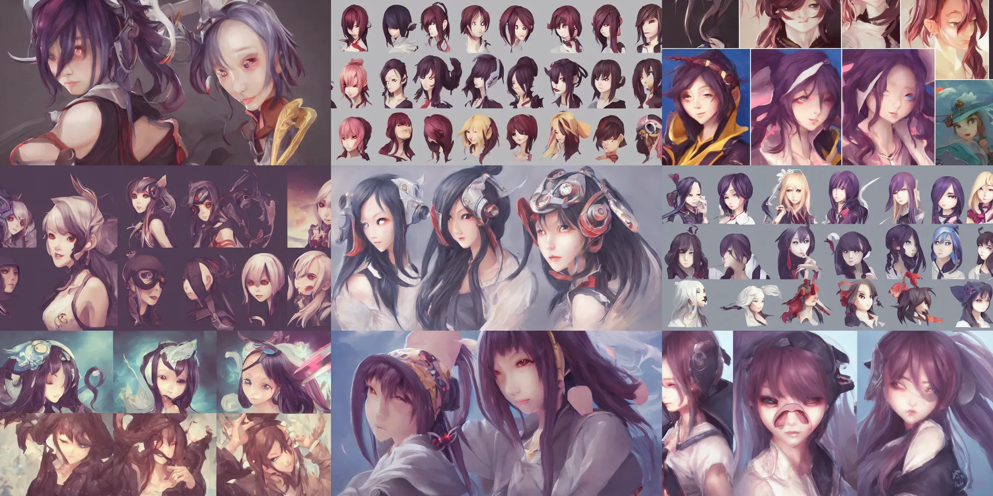 Prompt: concept art of korean female video game characters head designs, disgaea, flcl, hearthstone, unique hairstyles, by qui fang, marc brunet, artgerm, wlop, yuxiang chen, intricate, elegant, highly detailed, stylized, digital art, artstation, concept art, sharp focus, illustration, beautiful sunlight and shadows