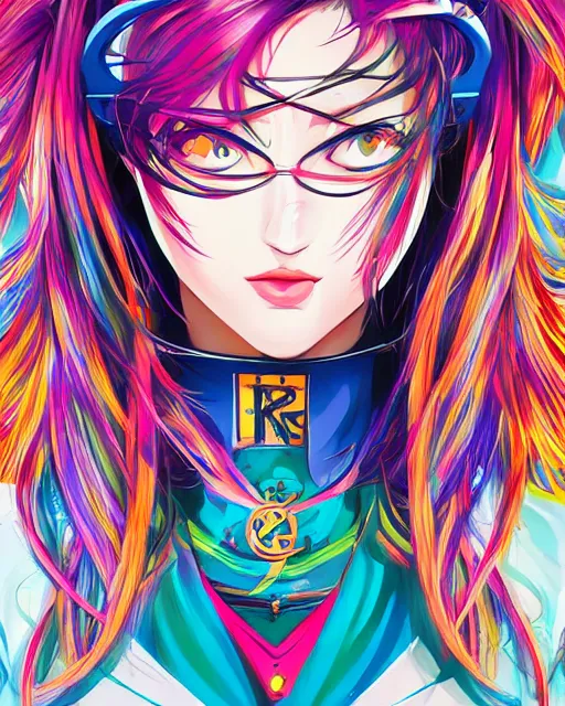 Image similar to poster woman with futuristic streetwear and long hair, colourful, pretty face, intricate eyes, elegant, Anime by Roset Conrad Sailor Moon Kuvshinov Ilya 4k, HDR, Graphic Design, Behance Trending on artstation, award winning