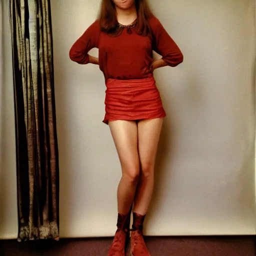 Image similar to 1970s studio portrait of a beautiful hippie girl with only a miniskirt on, medium format photography,