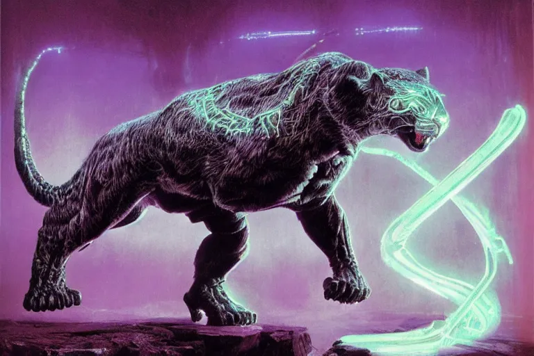 Image similar to cybernetic sabretooth panther, metallic, made of neon light, volumetric lighting, by caspar david friedrich and wayne barlowe and ted nasmith