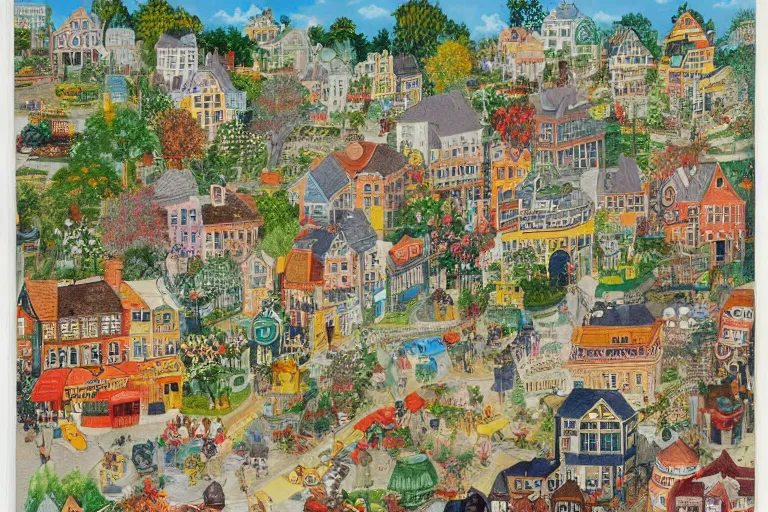 Image similar to an elaborate and dense painting of a peaceful neighborhood, detailed, made of alcohol ink on parchment and penned illustrations, by richard scarry and bosch
