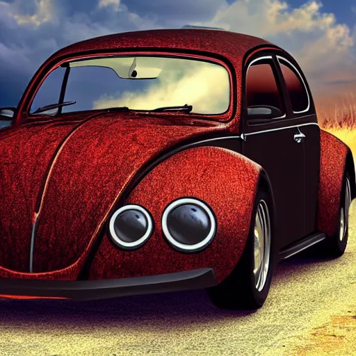 Prompt: promotional scifi - blockbuster movie scene of a ladybug merged with a'glossy volkswagen beetle '. it has wings and is flying down a dusty backroad along a gentle creek in smokey mountains tennessee. cinematic, muted dramtic color, 4 k, imax, 7 0 mm, hdr