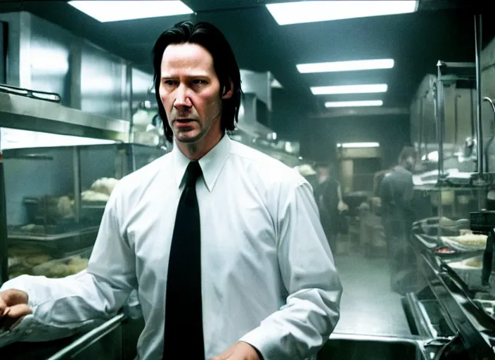 Prompt: film still of keanu reeves as agent smith working in a bakery in the new matrix movie, 4 k