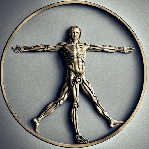 Image similar to Da Vinci's Vitruvian Man as a marble sculpture by Michelangelo, gold ring, 4k, hyper realistic, detailed, accurate anatomy, four legs, four arms, octane render, well lit studio lighting