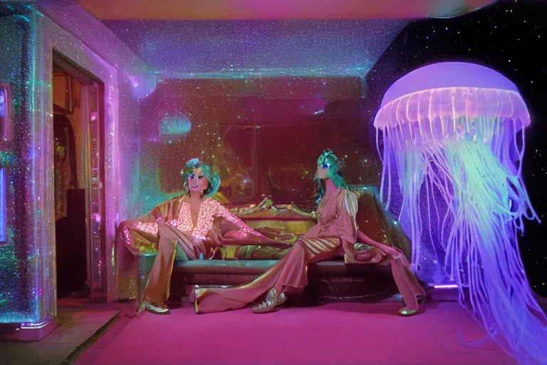 Prompt: high-angle view of two decadent jellyfish human hybrids wearing shiny discowear and visor shades, inside of an unlit 1970s luxury bungalow with a soviet computer console on wall and a glass wall showing a Victorian New York cobblestone street at night with a carriage, ektachrome photograph, volumetric lighting, 35mm f8 aperture