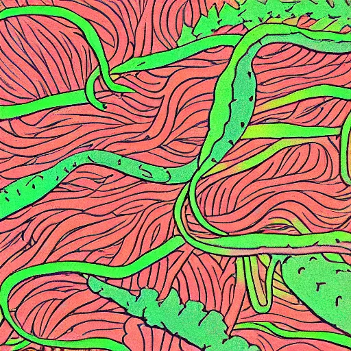 Image similar to vintage colored detailed illustration of random seaweed, neon colors