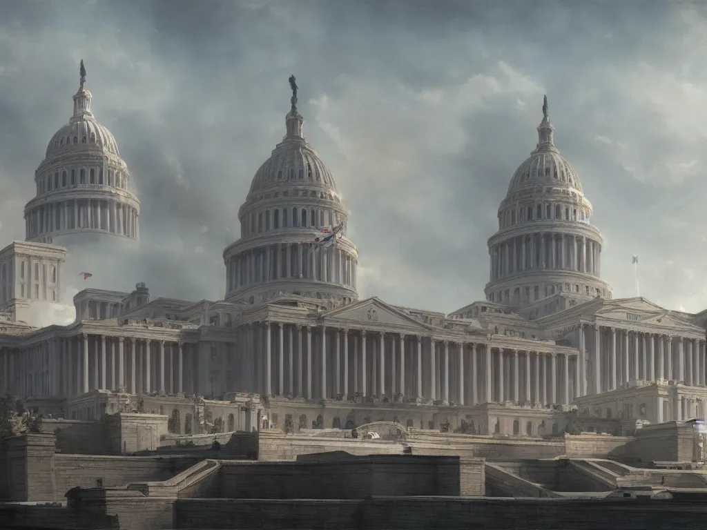 Image similar to matte painting by fan wennan. future capitol of the american communist party shining in the sun after the triumph of socialism in america, hyperdetailed, cinematic, photorealistic, hyperrealism, masterpiece, future communist governmental architecture, statue, imposing, strength, abundance. america 2 0 9 8