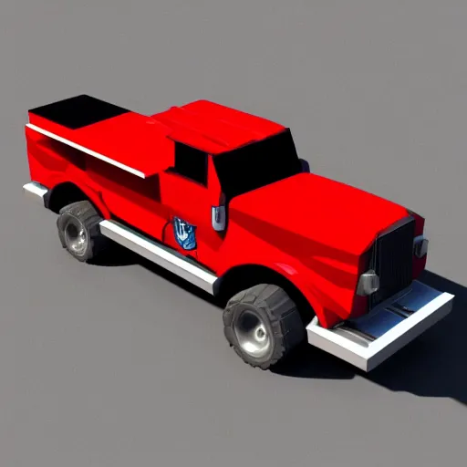 Prompt: isometric low poly render of a fire engine, concept art