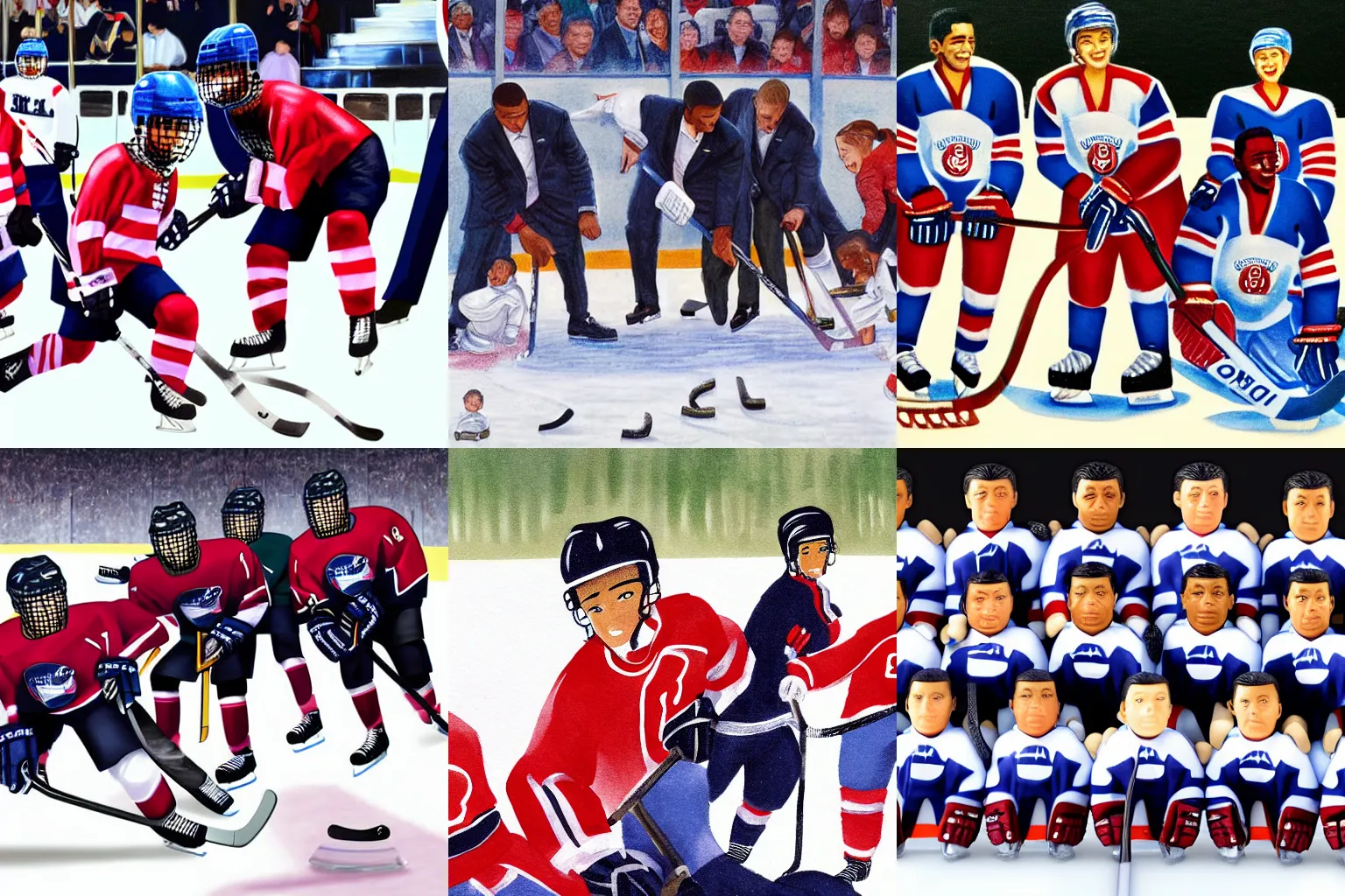 Prompt: closeup closeup closeup team of all Obamas all playing ice hockey, detailed, realistic,