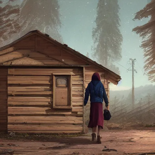 Image similar to woman leaving her wooden broken house by simon stålenhag, very highly detailed, award winning, rendered by Beeple, by Makoto Shinkai, syd meade, starwars, space art concept, digital art, unreal engine, blender, WLOP, trending on artstation, 4K UHD image, octane render