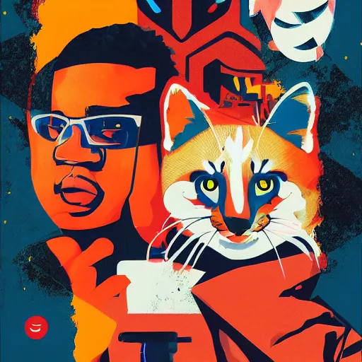 Prompt: Painting of Zack Fox and Thundercat by Supreme x Sachin Teng :4 asymmetrical, Matte Painting , Vector art, geometric shapes, hard edges, energetic, graffiti, street art:2 Masterpiece, high detail, by Sachin Teng:4