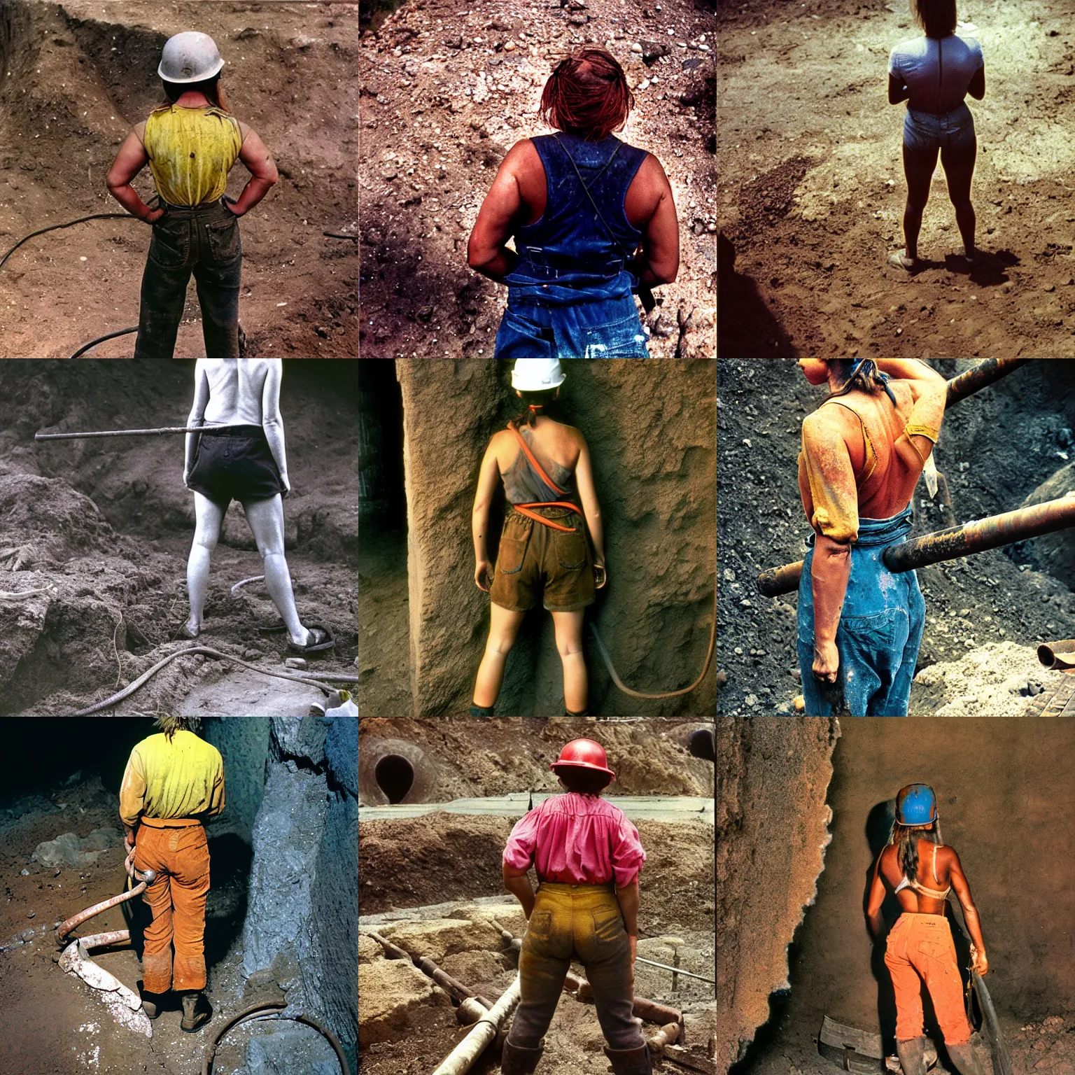 Prompt: A long-shot from behind, color outdoor photograph portrait of a young muscular miner woman woking in the mine, summer, day lighting, 1990 photo from photograph Magazine.