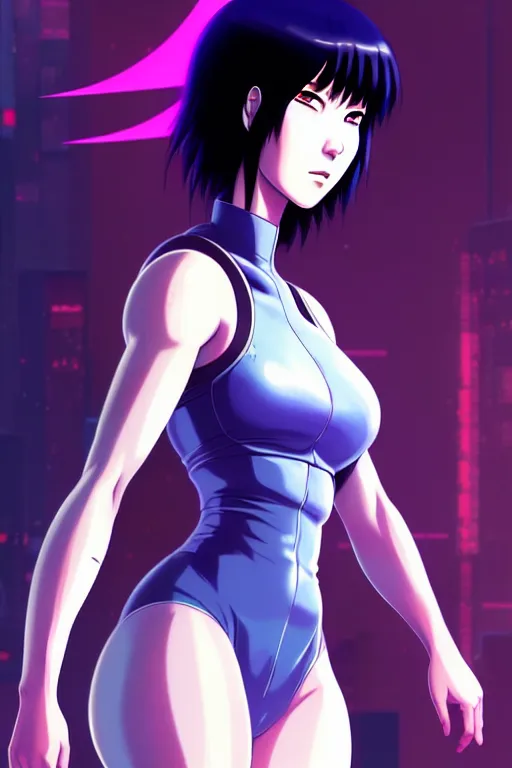 Image similar to a still fullbody portrait of motoko kusanagi ghost in the shell, finely detailed features, closeup at the faces, perfect art, at a cyberpunk city, gapmoe yandere grimdark, trending on pixiv fanbox, by ilya kuvshinov, rossdraws, artgerm