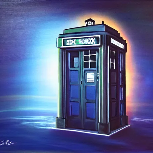 Image similar to view of modern futuristic tardis, time travel, detailed luminescent oil painting 4 k