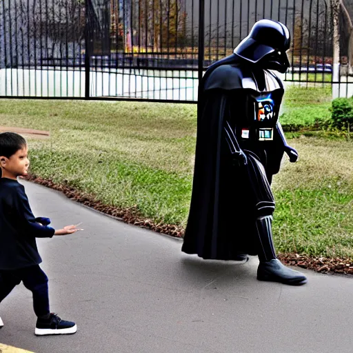 Prompt: darth vader walking kids to the kindergarten