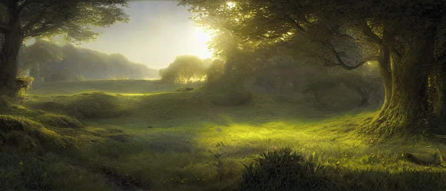 Prompt: Shire in the morning, detailed matte painting, cinematic, Alan Lee, Artstation