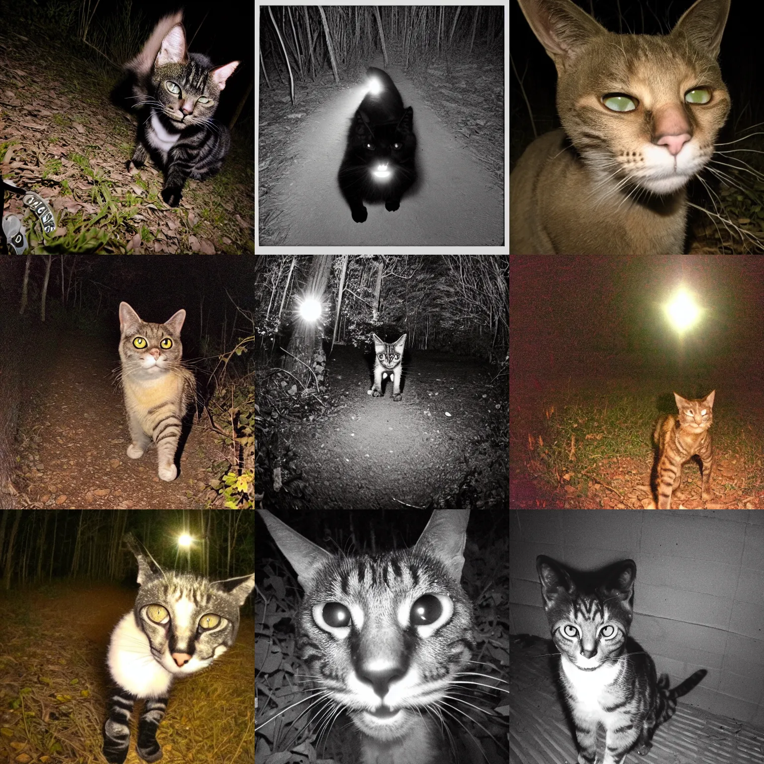 Prompt: catgirl caught on a midnight trail cam, bright flash