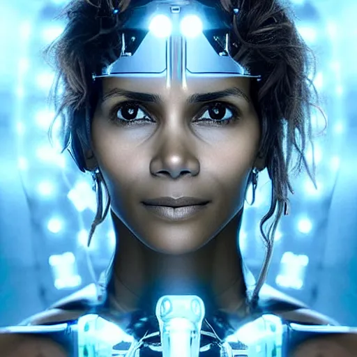 Image similar to beautiful centered Fine art photo portrait of young Halle Berry as a solarpunk robotic humanoid treading on a lake, white mechanical parts with led lights, photorealistic, white background, highly detailed and intricate, sun lighting, HDR 8k