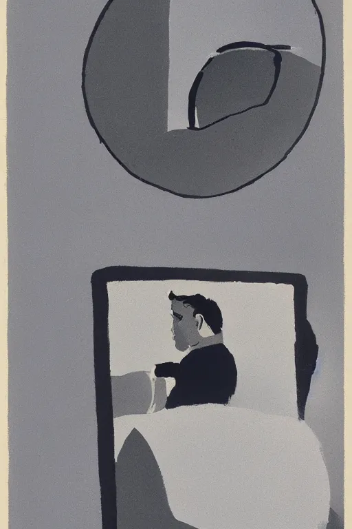 Image similar to man looking at his reflection in the mirror, 1960’s minimalist advertising illustration, painterly, expressive brush strokes