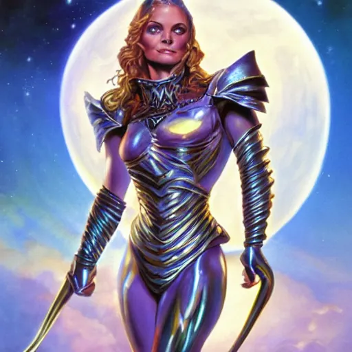 Image similar to stunningly beautiful paladin in copper plate armor who looks like young michelle pfeiffer, moonlight in the background by boris vallejo and julie bell, soft lighting, HD, elegant, intricate, masterpiece, concept art, character design