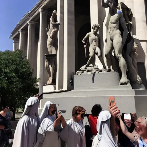 Image similar to statue of david by michelangelo and a group of nuns taking a selfie with a selfie stick