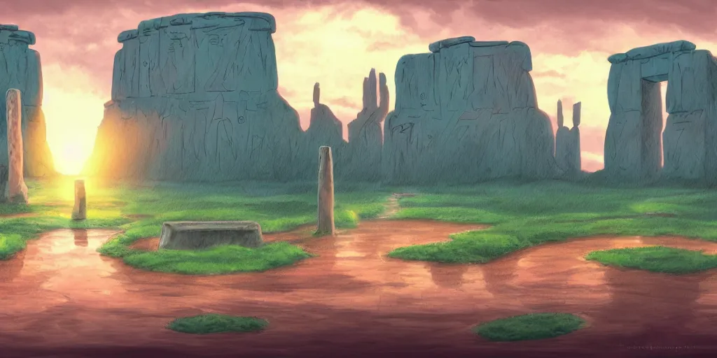 Image similar to a cell - shaded studio ghibli concept art study of water flowing out of a square portal in a flooded monument valley stonehenge temple jungle. very dull colors, hd, 4 k, hq