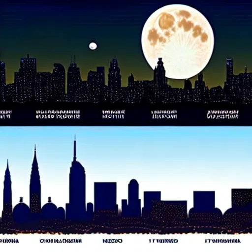 Prompt: a multilunar skyline view with ten different sizes and separate moons