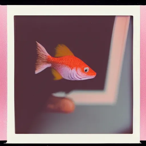 Image similar to Kermit the fish, polaroid photo, instax, white frame, by Warhol,