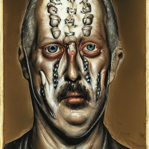 Prompt: Portrait by H.R.Giger of Igor Ivanovich Strelkov degraded abomination, photo-realistic, 2K, highly detailed, bioart, bodyhorror