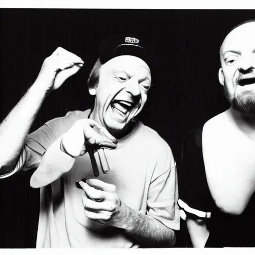 Image similar to Mark E Smith laughing at Fred Durst who is crying and screaming