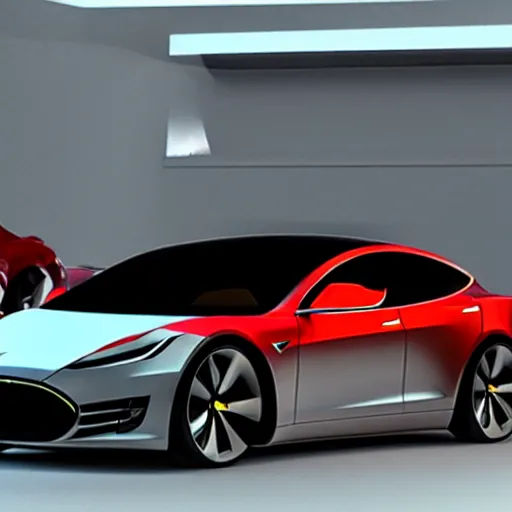 Image similar to a beautiful tesla sportive car made in partnership with ferrari. 3 d render. cinema 4 d.