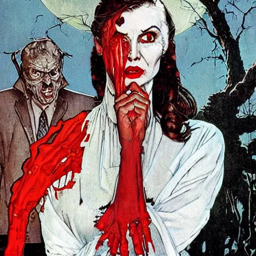 Prompt: style of Norman Rockwell and Rafael Albuquerque comic book art:: female ghost with white dress:: ghastly full face woman, scary horrible witch look on face, screaming angry:: extremely long nails, red:: floating over a lake:: night time, dark, full moon::2 scary terrifying horror::