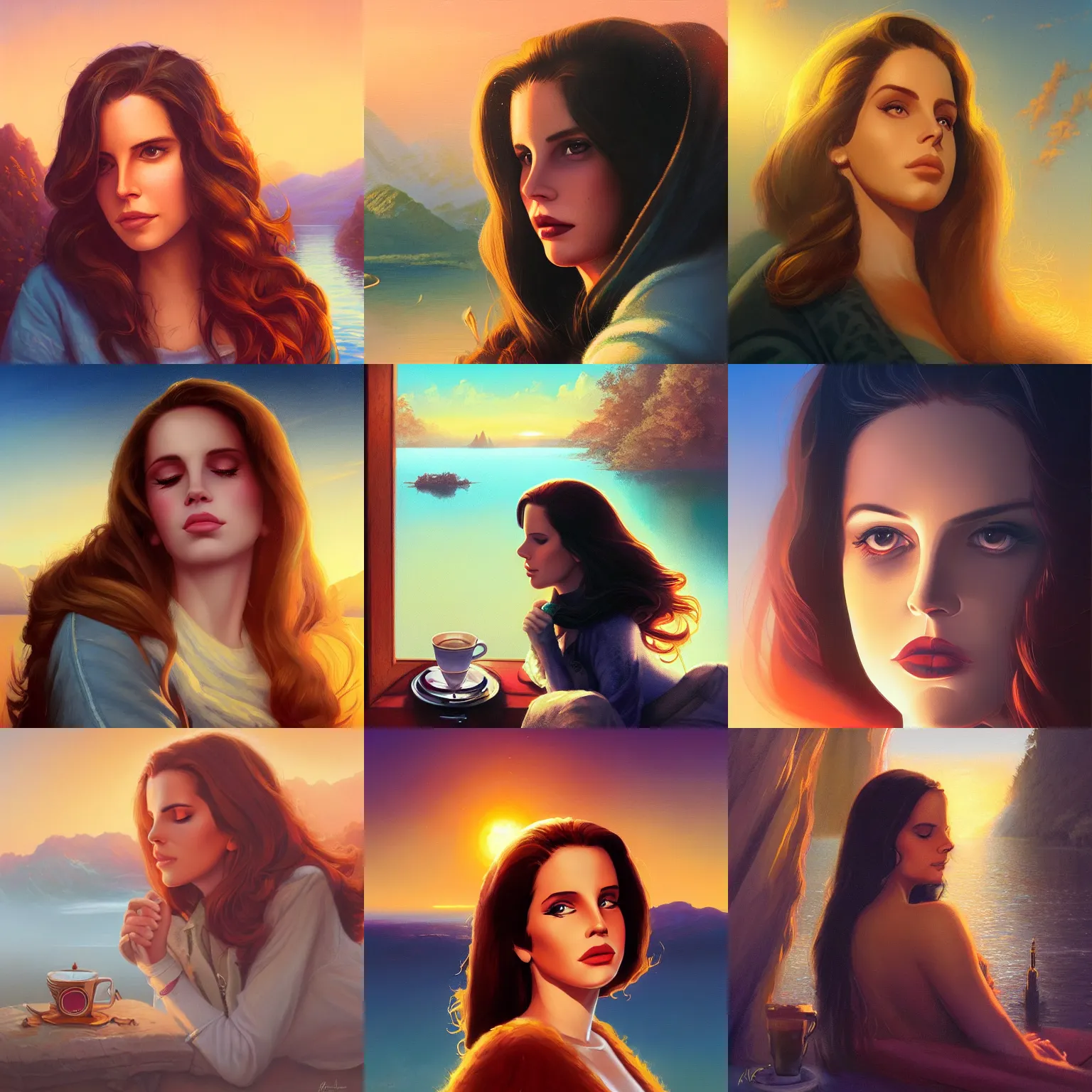 Image similar to close - up portrait of sleepy lana del rey, morning golden hour, steaming coffee, mystical lake view vista, mark brooks, ralph horsley, anton fadeev, paul lehr, rhads, alena aenami