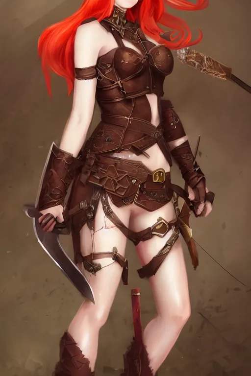 Prompt: Full picture of Redhead elf archer, high fantasy, ornamental bow, full leather armor, trending on artstation, artstationhd, safebooru, HD