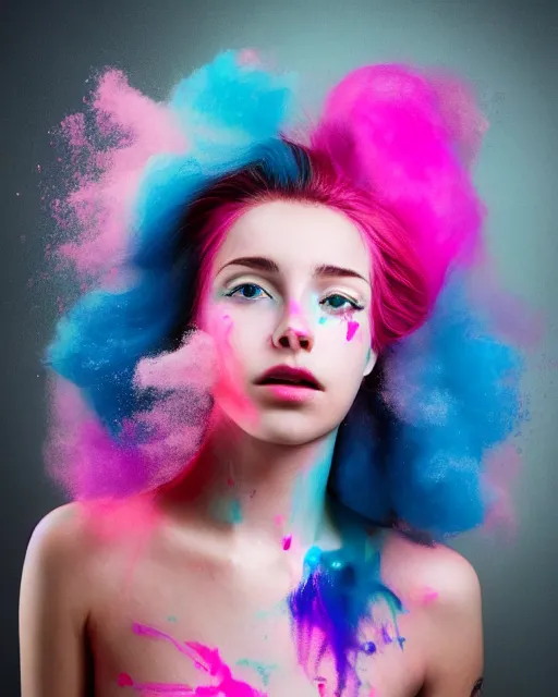 Prompt: a dramatic backlight lighting photo of a beautiful young woman with cotton candy hair. paint splashes. with a little bit of cyan and pink