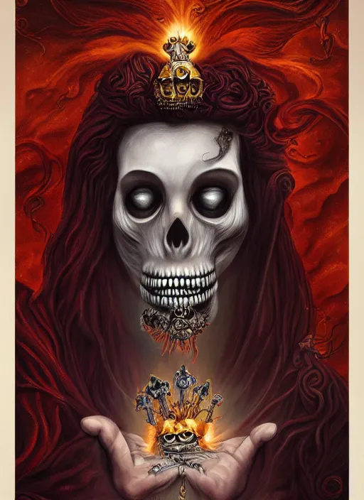 Image similar to queen of heats the fool tarot card, highly detailed, half skull face, cinematic, 8 k, bymegan duncanson, benjamin lacombe, naoto hattori, adrian borda, giger, trending on deviantart, hyper detailed, horror, full of colour