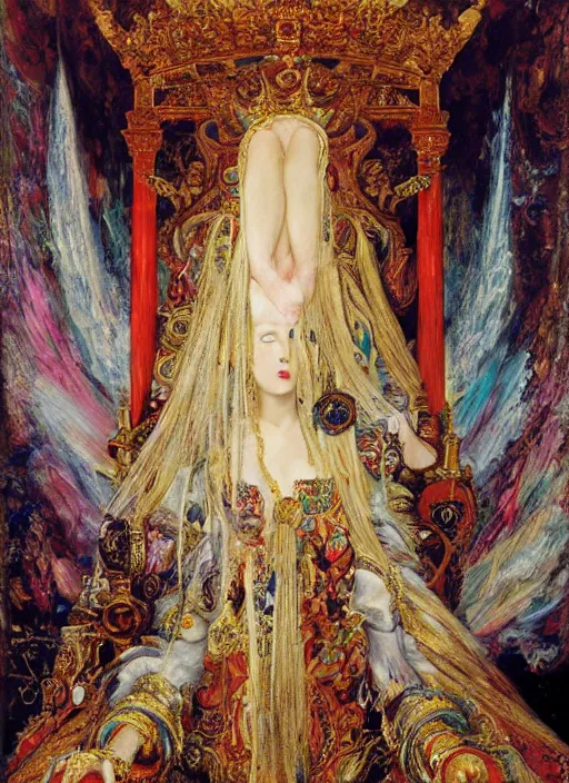 Image similar to oil painting of portait Queen of Ecstasy in a large throne room, Hungarian, by Yoshitaka Amano, by Georgia o Keeffe, by Gustave Moreau