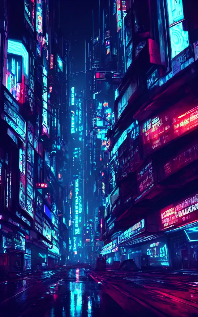 Prompt: concept art of a magnificent dark neon futuristic cyberpunk city bustling street at night cyberart in the style of liam wong in the film akira rendered in octane, 3 d render, trending on cgsociety, blender 3 d, displacement mapped