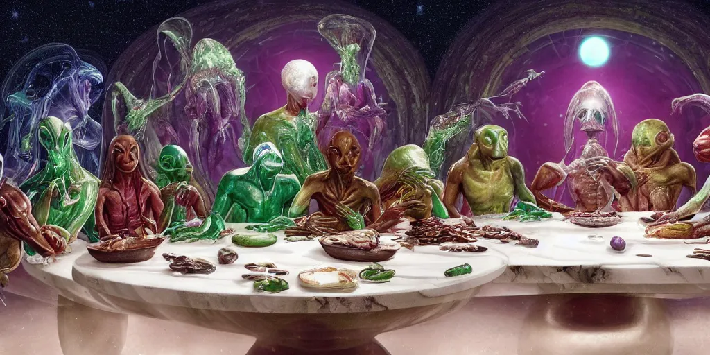 Image similar to !13 very diverse aliens enjoying a rich salad around a marble table, !positioned as last supper cinematic lighting, crystals and diamonds, emeralds, idilic, fantasy, surreal, floating, highly detalied, 4k, artstation, by Wayne Barlowe