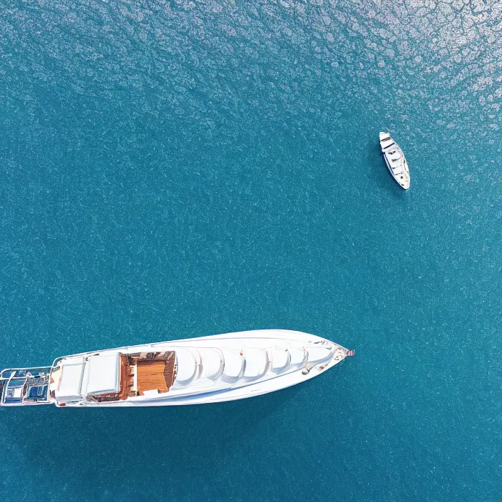 Prompt: an aerial perspective of a yacht sailing in a crystal clear ocean, photo - realistic, highly detailed