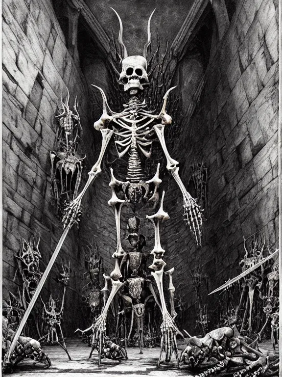 Prompt: A spiked horned humanoid ant skeleton with armored joints stands in a large cavernous throne room with sword in hand. Massive shoulderplates. Extremely high detail, realistic, fantasy art, solo, masterpiece, bones, ripped flesh, saturated colors, art by Zdzisław Beksiński, Arthur Rackham, Dariusz Zawadzki