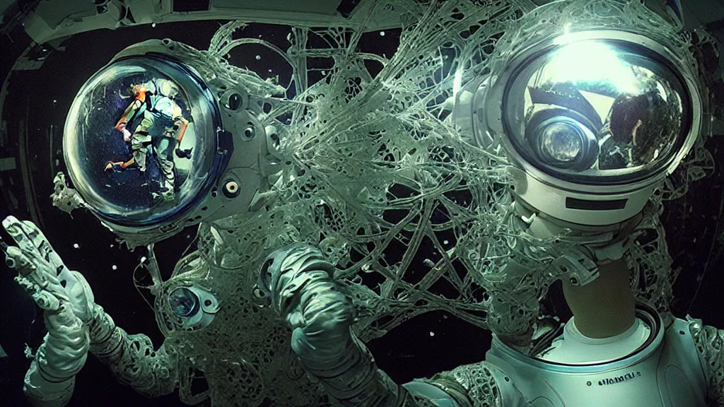 Image similar to a cybernetic symbiosis of a single astronaut eva suit swimming in infected with diamond 3d fractal lace iridescent bubble 3d skin covered with insectoid compound eye camera lenses floats through the living room, film still from the movie directed by Denis Villeneuve with art direction by Salvador Dalí, wide lens,