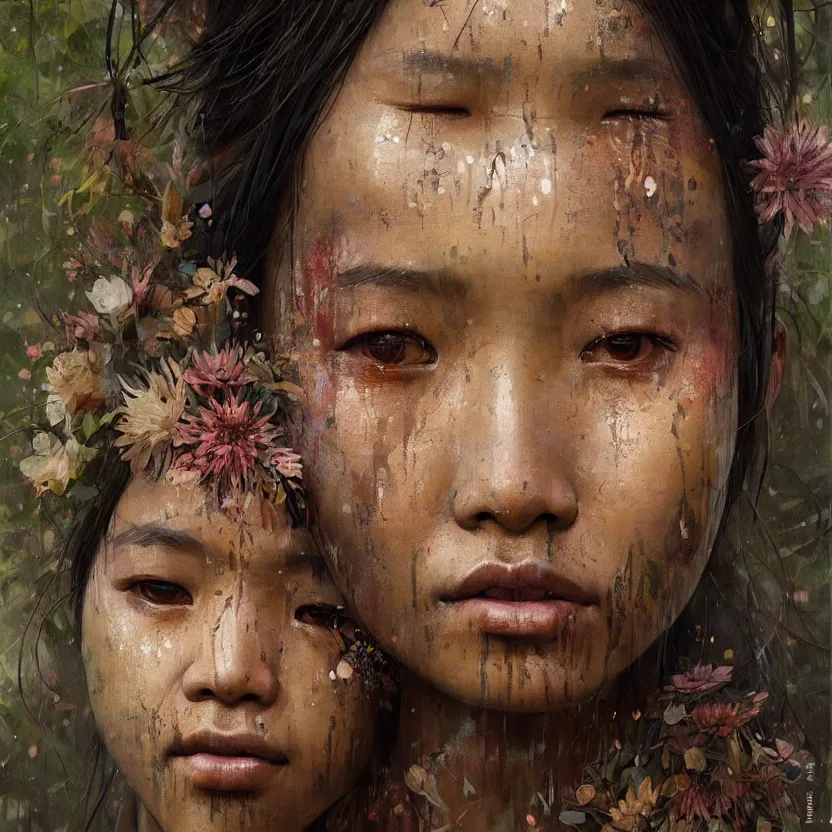 Image similar to detailed portrait of a tribal woman with asian eyes and thick lip forest girl, flowers and trees, by ismail inceoglu dragan bibin hans thoma greg rutkowski alexandros pyromallis nekro rene maritte illustrated, perfect face, fine details, realistic shaded, fine - face, pretty face