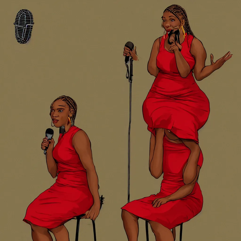 Image similar to portrait a light-skinned black woman wearing cornrows singing into a microphone in a studio, wearing a red dress, sitting on a stool, and 4 or 5 yellow lamps hanging around her, professional illustration, art by Kenne Gregoire, trending on artstation