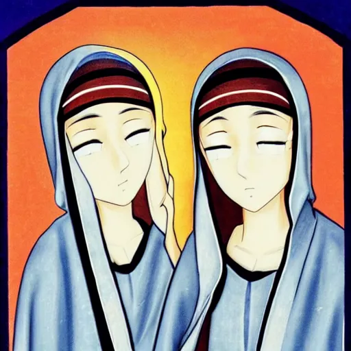 Prompt: two identical beautiful nuns with large eyes, face to face, full of detail, subtle anime style,