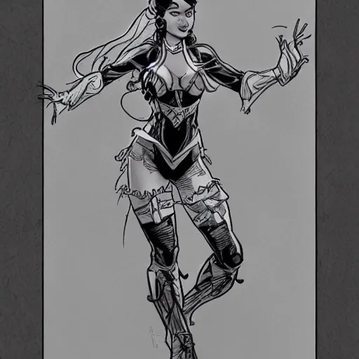 Image similar to a drawing of a filipino woman in a costume, a comic book panel by paul pelletier, artstation, arabesque, dc comics, marvel comics, official art