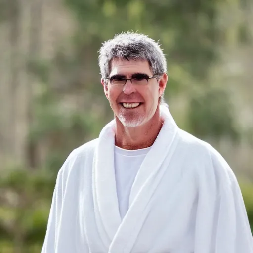 Prompt: professional portrait of Terry A. Davis wearing a white robe with a halo over his head in the kingdom of heaven, 8k, dslr, cinematic,