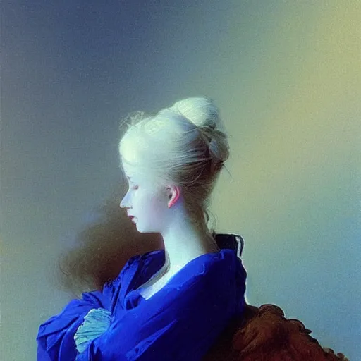 Image similar to young woman's face, her hair is white and she wears a cobalt blue duchesse satin cloak, by ivan aivazovsky and syd mead and moebius and gaston bussiere and roger dean and willem claesz and pieter claesz and paul delaroche and alma tadema and aelbert cuyp, hyperrealistic, volumetric light, octane