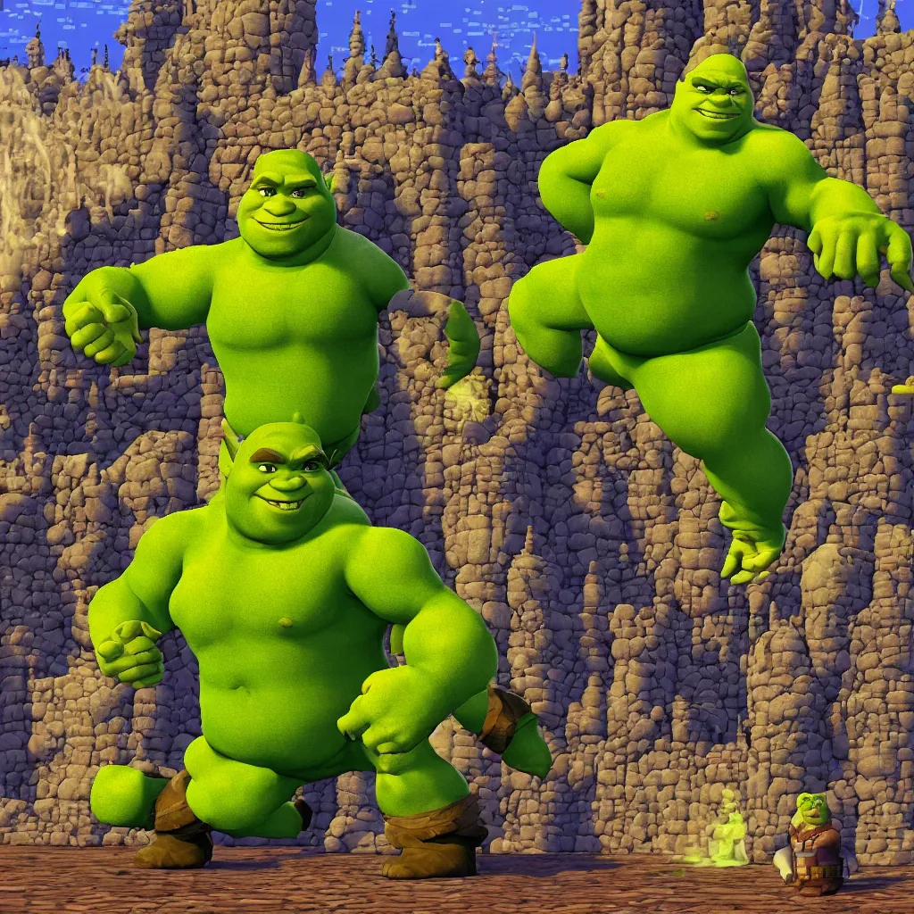 Image similar to pixel art of shrek for a fighting game